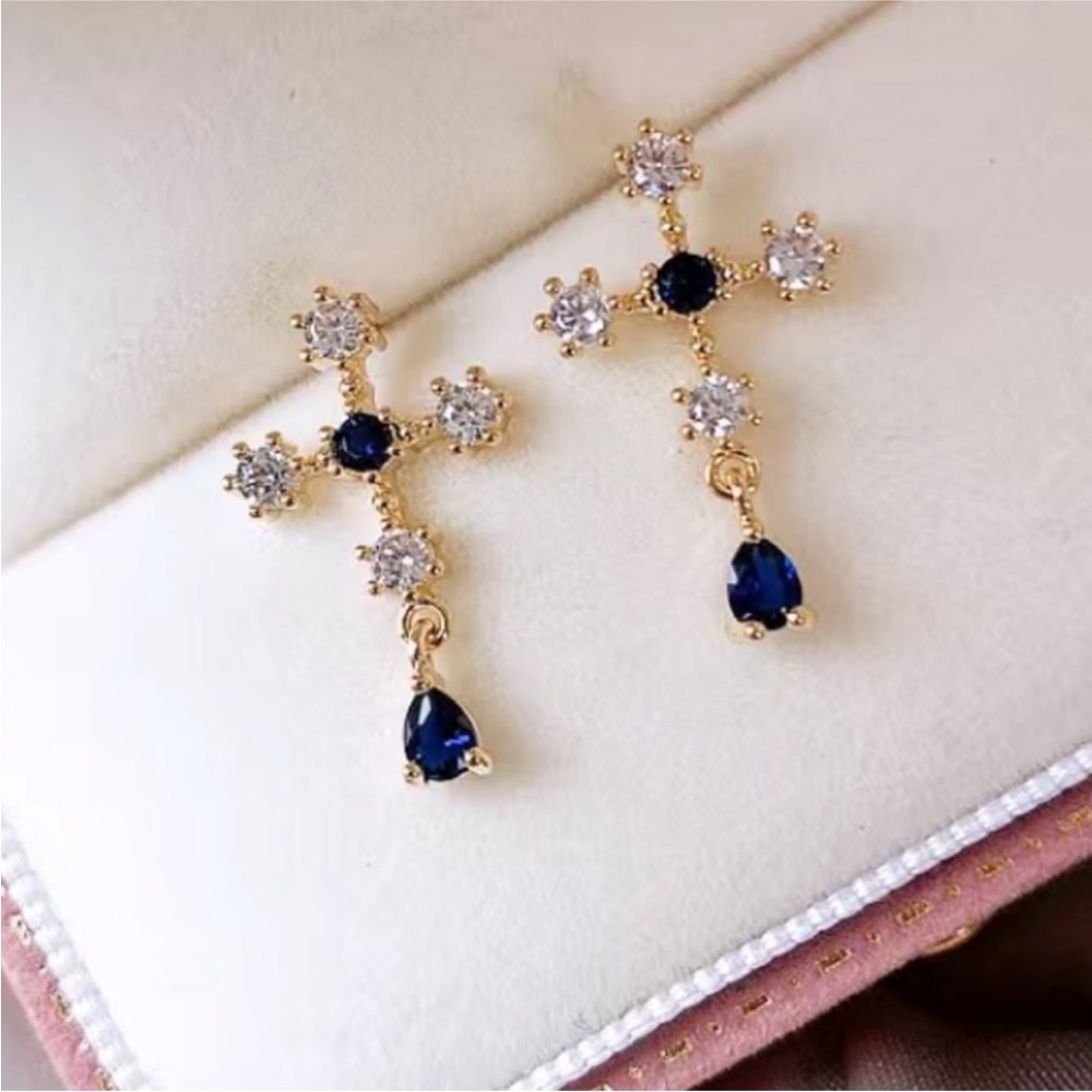 Gold Rhinestone Cross Earrings - Picture 3 of 3